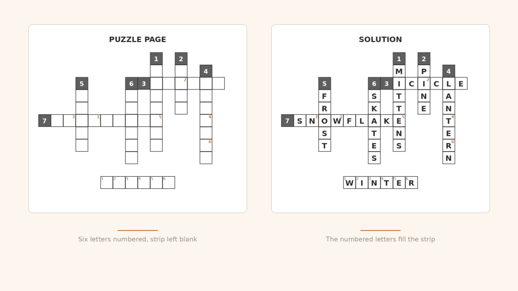 Crossword variation puzzle page beside its solution