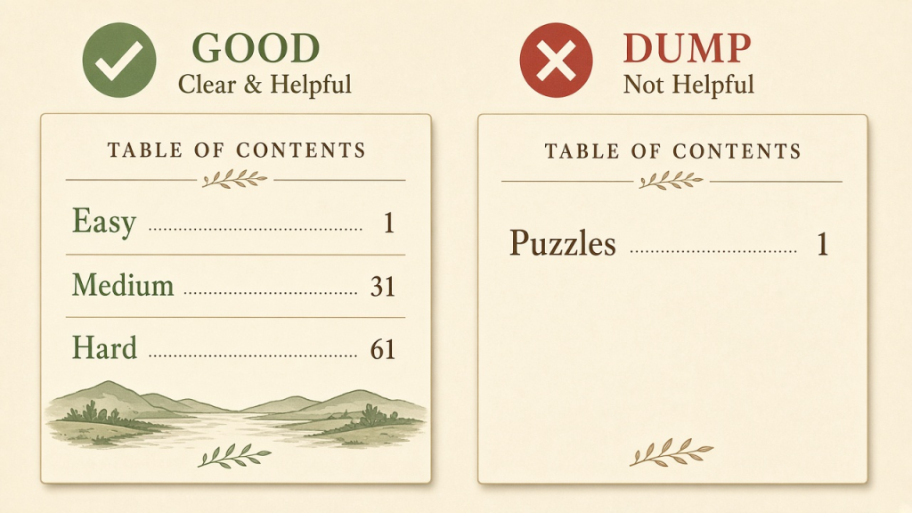 Good table of contents with easy, medium and hard sections versus one undivided list of puzzles