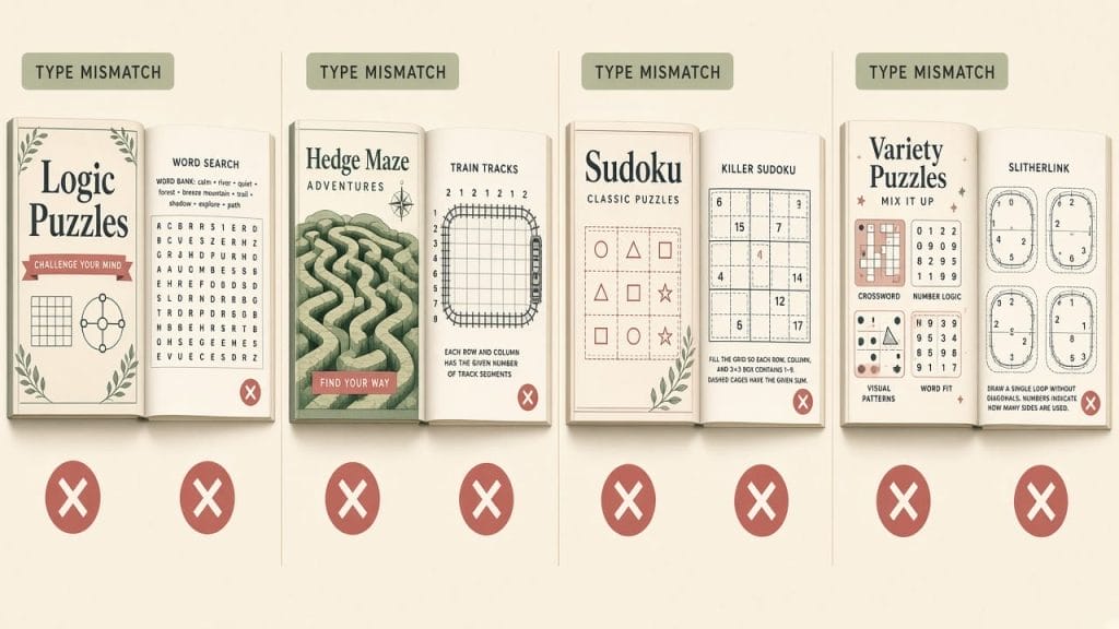 Cover type mismatch: puzzle book covers promising types that the interiors do not deliver