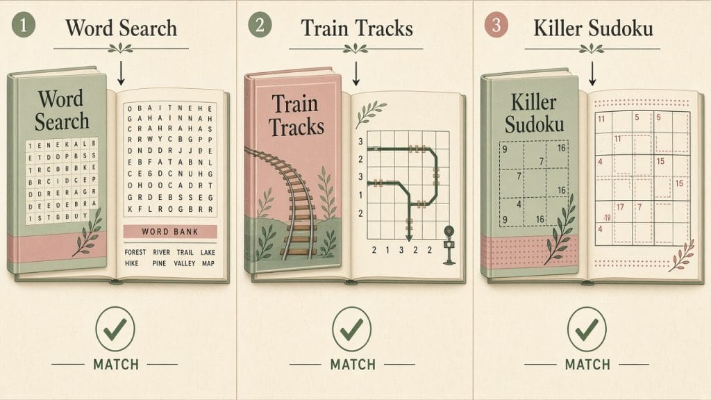 Honest matching: word search, train tracks and killer sudoku covers that match their interiors