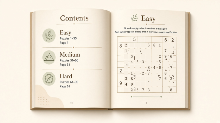 Open puzzle book with a contents page listing Easy, Medium and Hard sections