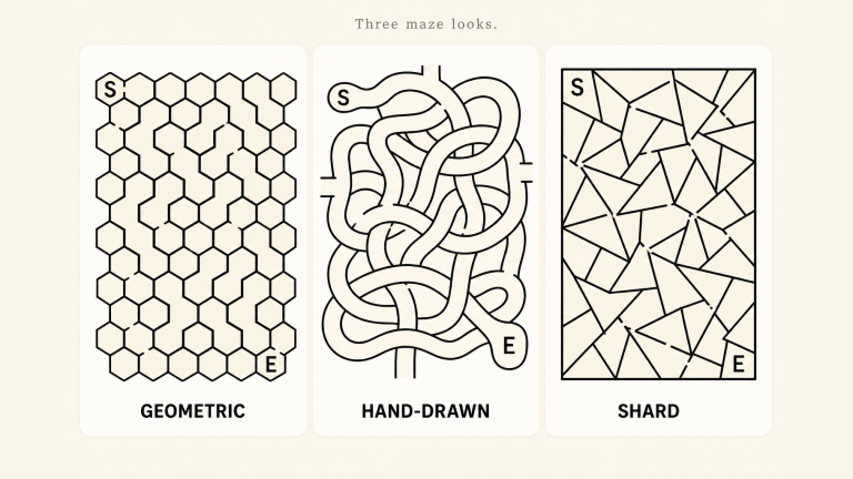 Three cream comparison cards — a hexagon-cell maze, a ribbon tangle with over/under bridges, and angular stained-glass shards — no software UI