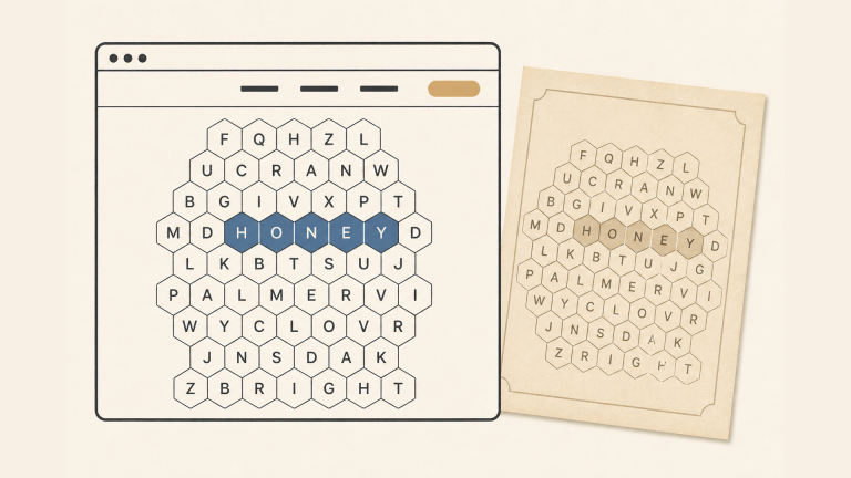 A hexagonal word-search board playing in a browser window beside the same puzzle printed on a paper page, one word highlighted in both — no software UI