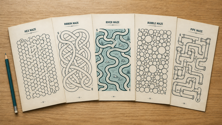 Five maze book interior pages fanned out on a desk