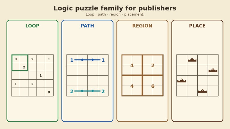 Cream desk with four logic look cards — loop edges, path links, region split, placement crowns — no software UI