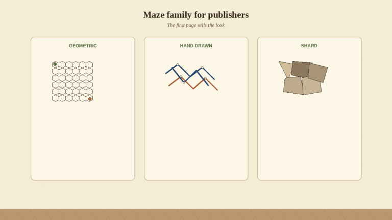Maze family: geometric hex maze, hand-drawn maze and shard maze examples