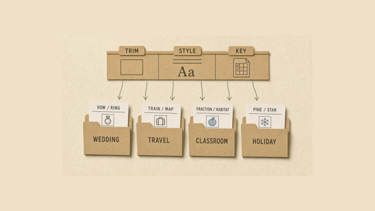 Four labeled content folders — wedding, travel, classroom, holiday — under one shared trim, style, and key strip, no software UI, no logos