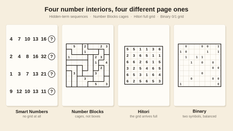 Four number-puzzle interior pages side by side — a hidden-term sequence strip, a Number Blocks cage grid, a full Hitori grid, and a Binary 0/1 grid — no software UI