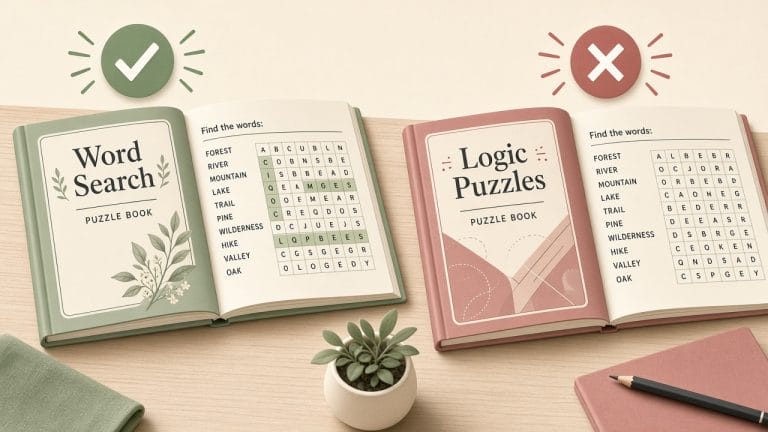 Two puzzle books: a matching cover and interior marked right, a mismatched one marked wrong