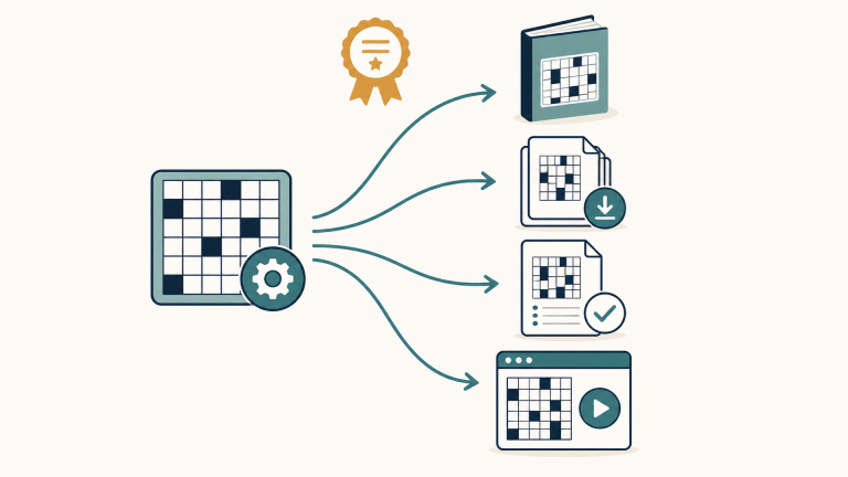 Diagram of one puzzle generator feeding books, printables, worksheets, and a site embed under commercial rights, no software UI