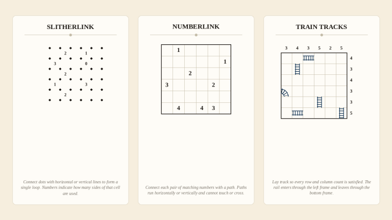 Slitherlink, Numberlink and Train Tracks puzzle pages side by side