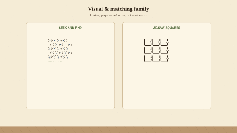 Visual and matching family: a hex seek-and-find page and jigsaw square pieces