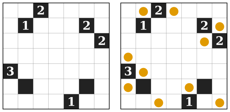 A 7×7 Akari (Light Up) puzzle beside its solution, with amber lamps on the solved grid