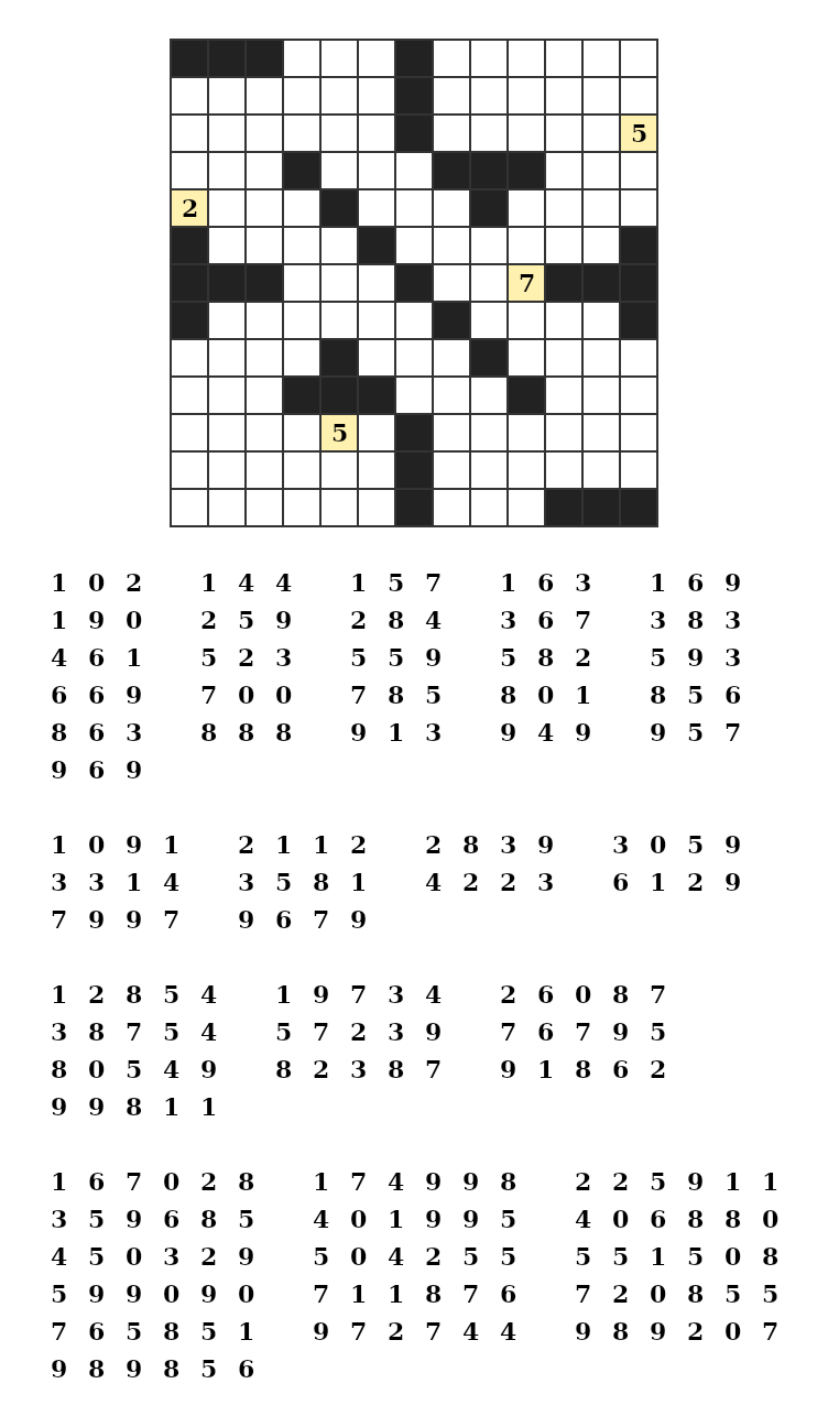 A finished Number Fill puzzle page: the grid with four starter digits and the number list under it
