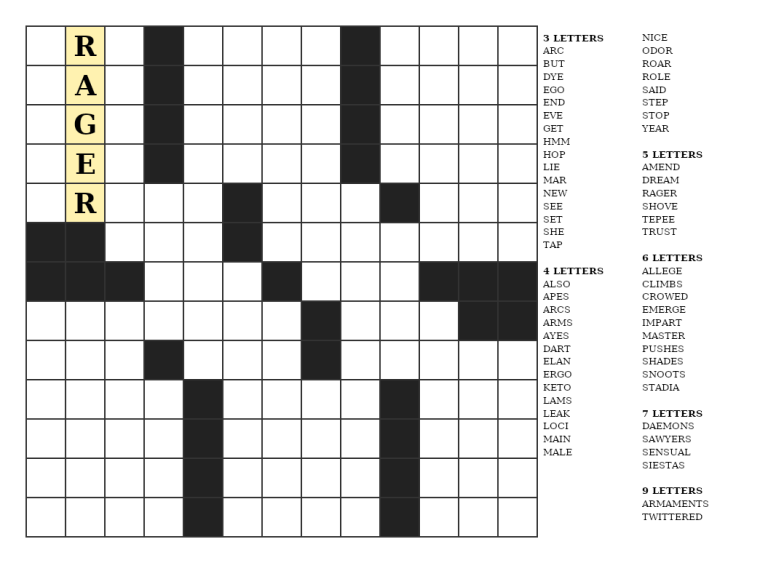 A finished Word Fill puzzle page: the grid with one starter word revealed and the word list grouped by length beside it