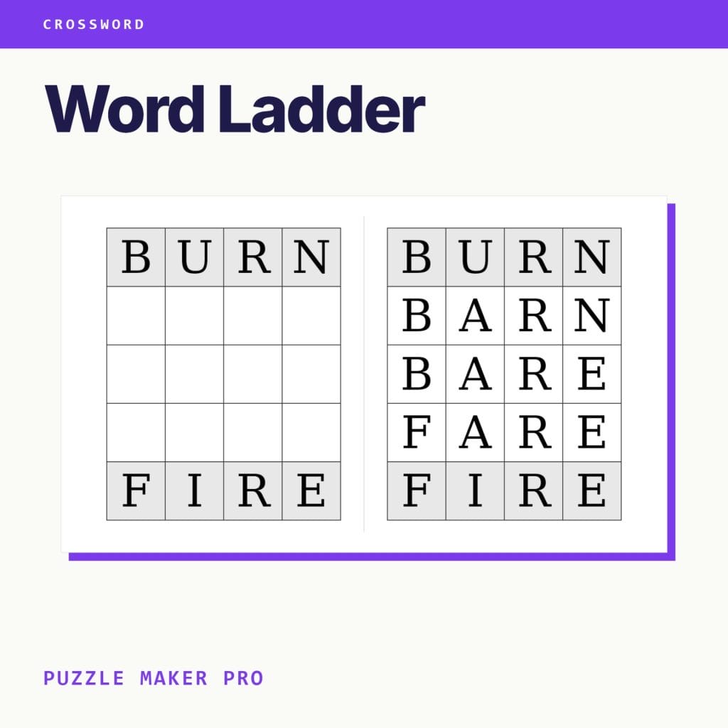Puzzle Maker Pro Word Ladder cover with a BURN to FIRE puzzle and its solution