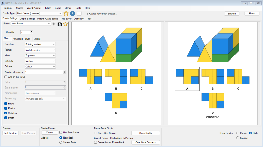the Block Views module screen showing the Main tab with Question, Format, View, Difficulty and Colours, the Matching and Blocks groups, the quantity box and the tab strip. One capture, reused across the steps below.
