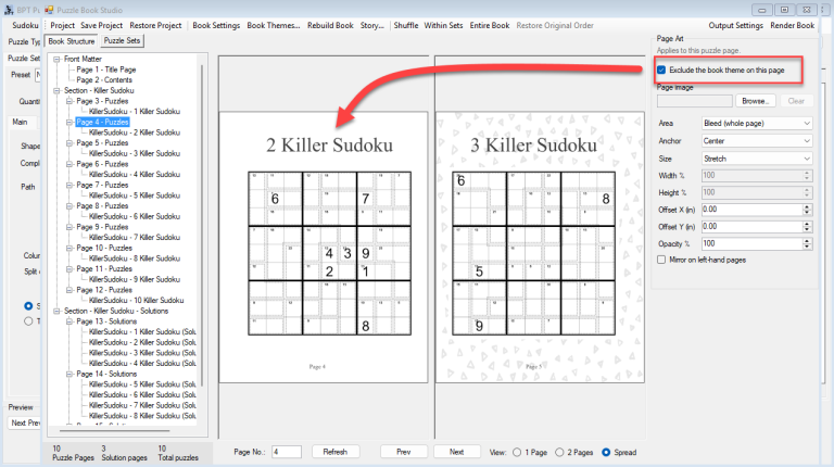 Puzzle Book Studio page image settings with a killer sudoku page preview