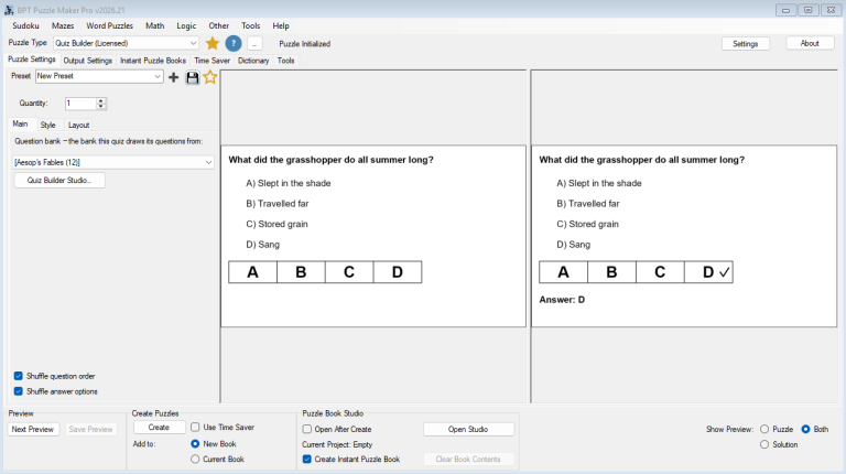 Puzzle Maker Pro Quiz Builder screenshot: a multiple choice quiz and its answer