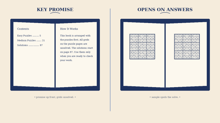 Two open puzzle books comparing a key promise page and a page that opens on answers