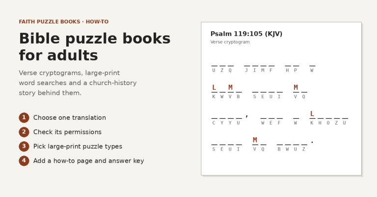 Bible puzzle books for adults cover with four steps and a Psalms page sample