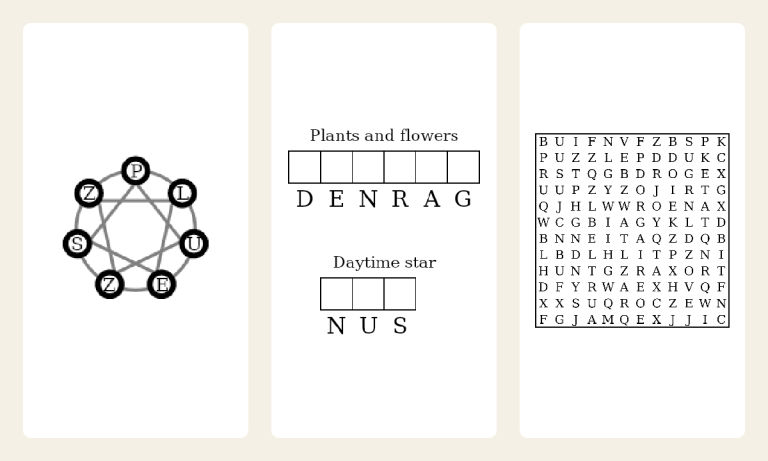 Three word puzzle pages on white cards, left to right, a seven-letter star to trace, a Word Scramble sheet with scrambled rows and blank answer boxes, and a square letter grid with no word list printed on the page, no software UI