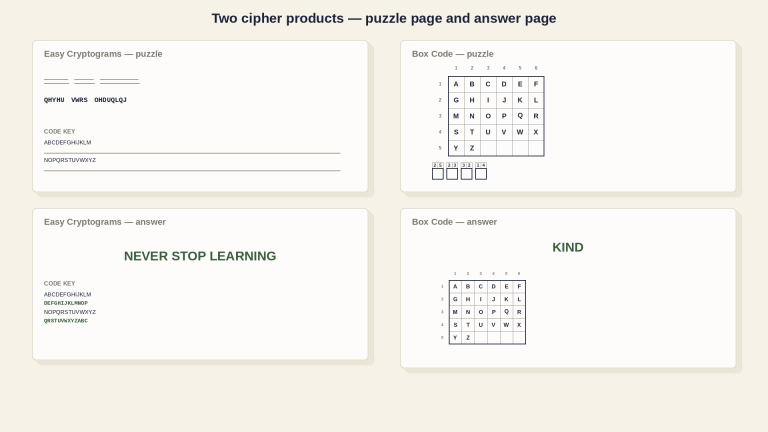 Easy Cryptograms and Box Code puzzle pages with their answer pages