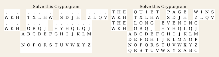 Printable cryptogram page with coded text and a letter key table, beside the solution