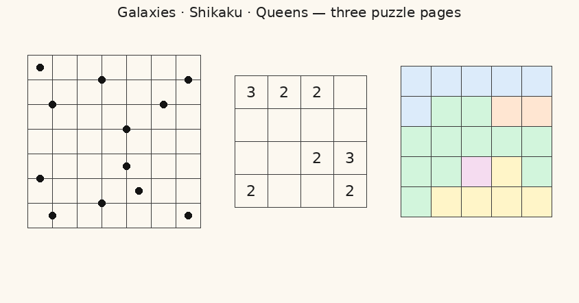 Three printed puzzle pages on cream paper — a grid of black dots, a grid of scattered numbers, and a grid of empty irregular regions — no software UI, no logos