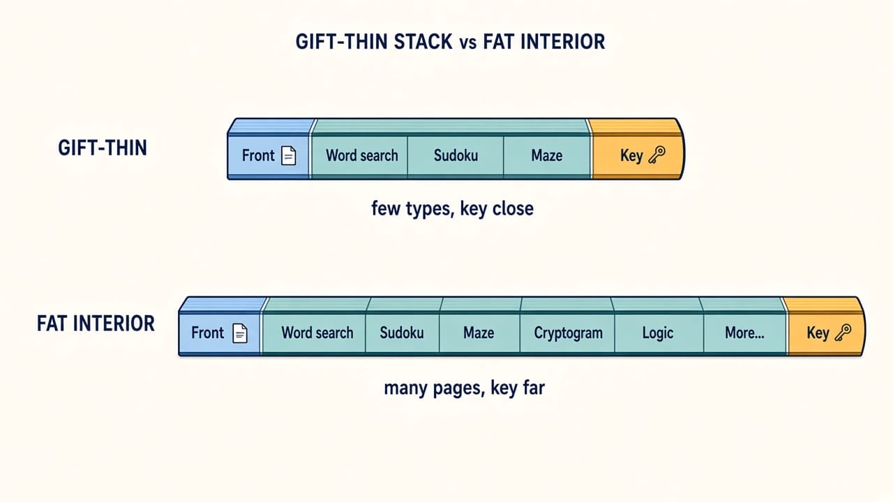 Gift-thin puzzle book stack compared with a fat interior with many puzzle types