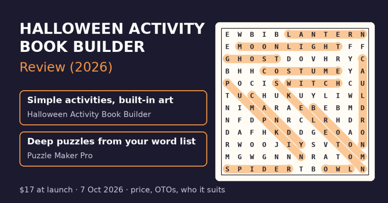 Halloween Activity Book Builder review 2026 cover with a word search sample