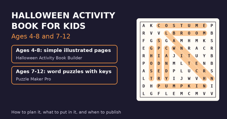 Halloween activity book for kids ages 4-8 cover with a word search sample
