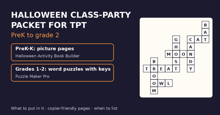 Halloween class-party packet for TPT cover, preK to grade 2, with a crossword sample