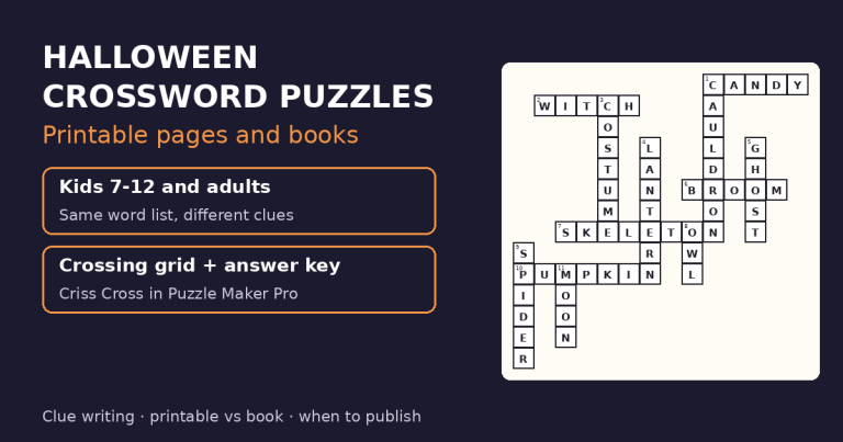 Halloween crossword puzzles cover: printable pages and books, with a crossword sample