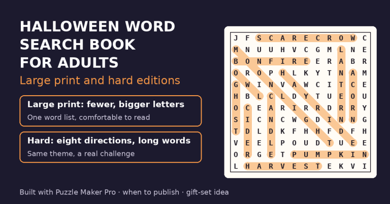 Halloween word search book for adults cover: large print and hard editions