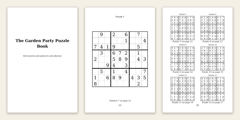 Three sample book pages from Puzzle Maker Pro — a title page, a sudoku puzzle with a footer pointing to its solution page, and a solutions page with footers pointing back to each puzzle