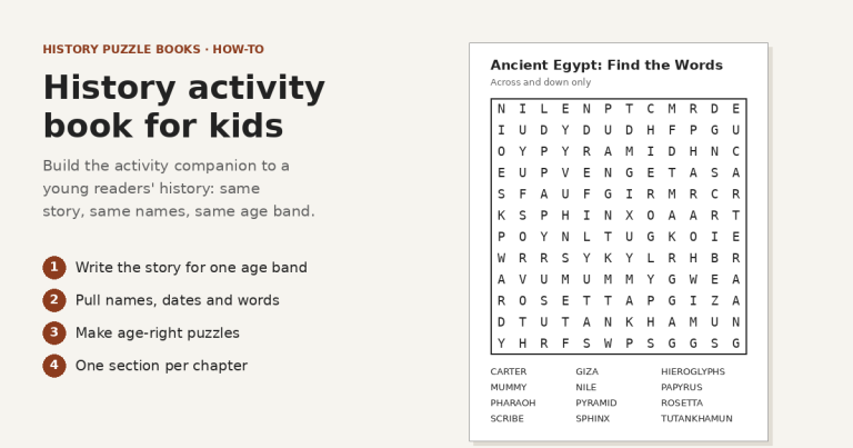 Typographic cover graphic reading History activity book for kids, with four numbered steps beside a 12 by 12 Ancient Egypt word search for ages 8 to 10 whose 12 words (Nile, Pharaoh, Pyramid, Sphinx, Mummy, Papyrus, Scribe, Giza, Hieroglyphs, Carter, Tutankhamun, Rosetta) run across and down only
