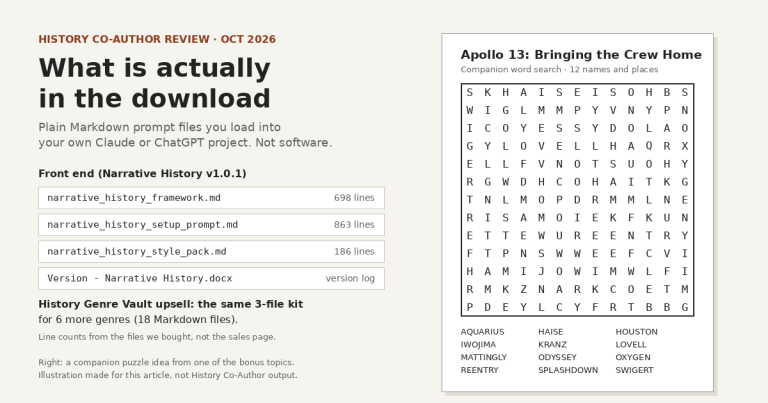 Typographic graphic listing the History Co-Author front-end files with their line counts (framework 698, setup prompt 863, style pack 186, plus a version log) beside an example 13 by 13 Apollo 13 companion word search with a 12-word bank, no product screenshots