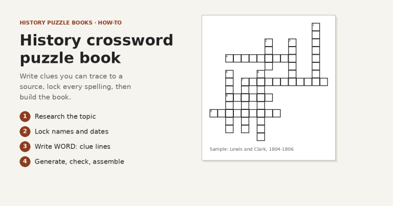 Typographic cover graphic reading History crossword puzzle book, with four numbered steps (research the topic, lock names and dates, write WORD: clue lines, generate, check, assemble) beside an empty numbered crossword grid from a Lewis and Clark sample, no product screenshots