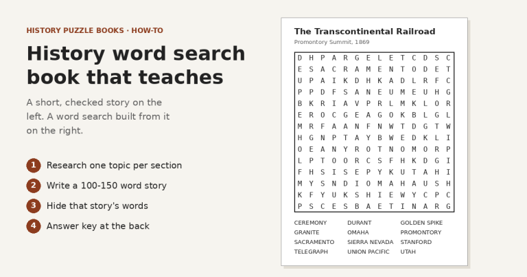 Typographic cover graphic reading History word search book that teaches, with four numbered steps beside a 14 by 14 Transcontinental Railroad word search and its 12-word bank, from Ceremony to Utah