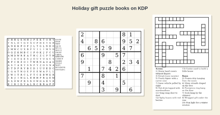 Three holiday puzzle pages: a winter word search, a sudoku and a crossword