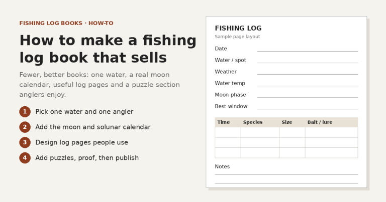 Typographic cover graphic reading How to make a fishing log book that sells, with four numbered steps (pick one water and one angler, add the moon and solunar calendar, design log pages people use, add puzzles, proof, then publish) beside a drawn sample fishing log page with date, water, weather and moon fields and a catch table, no product screenshots