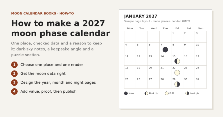 Typographic cover graphic reading How to make a 2027 moon phase calendar, with four numbered steps (choose one place and one reader, get the moon data right, design the year, month and night pages, add value, proof, then publish) beside a drawn January 2027 calendar page for London with new, first quarter, full and last quarter moon symbols on the 7th, 15th, 22nd and 29th, no product screenshots