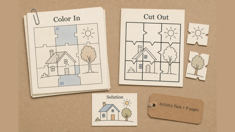 Jigsaw squares activity pages with a house picture to color in and cut out, plus the solution