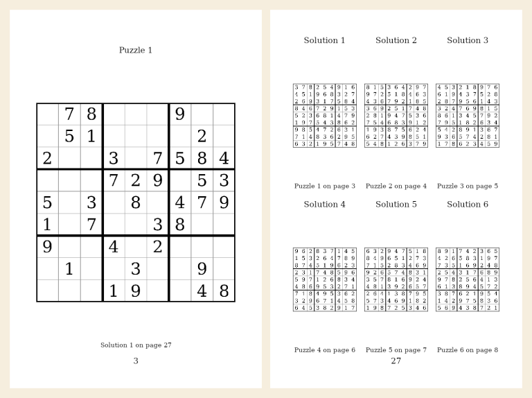 Six by nine inch sudoku puzzle page beside a solutions page with filled grids, rendered from the Puzzle Maker Pro book engine with no software UI