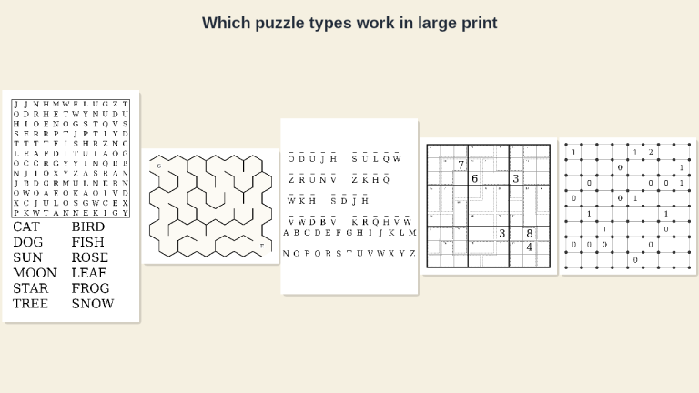 Which puzzle types work in large print: word search, maze, word scramble and sudoku samples