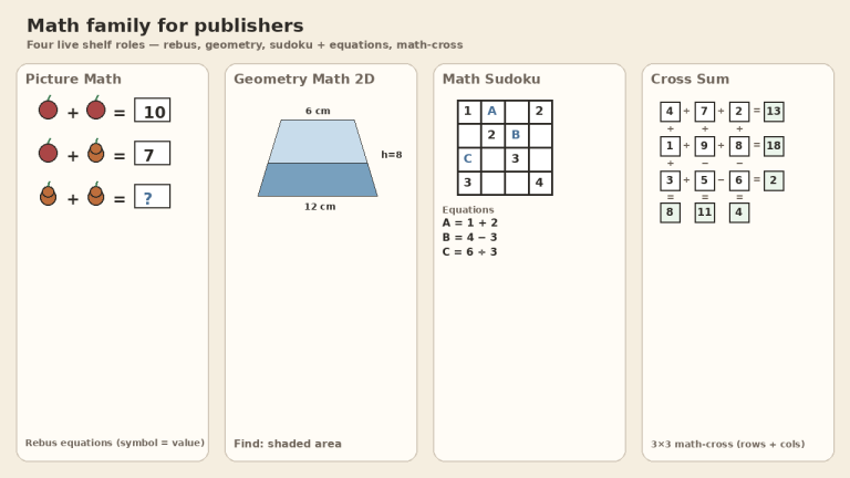Cream desk with four math-puzzle cards — rebus picture equations, a labeled shaded trapezoid, a small Sudoku with an equation list, and a 3×3 math-cross — no software UI