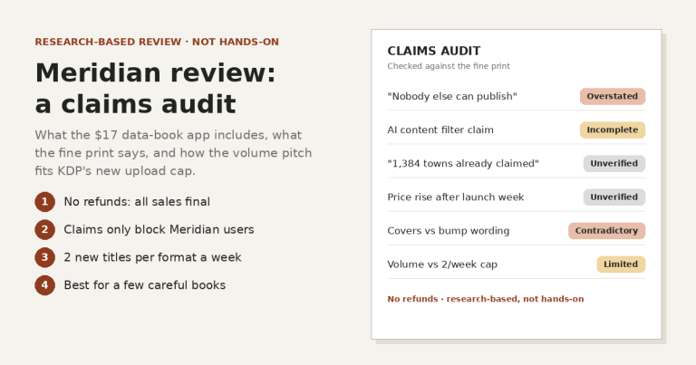 Typographic cover graphic reading Meridian review: a research-based claims audit, with notes that it is not hands-on, there are no refunds and KDP allows 2 new titles per format a week, beside a drawn audit checklist marking six sales claims as overstated, incomplete, unverified, contradictory or limited by the cap, no product screenshots