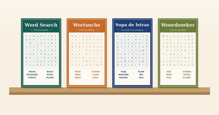 Four word search book covers standing upright in a row, sharing one identical layout, localized as Word Search, Wortsuche, Sopa de letras, and Woordzoeker, each with its own language instruction line, a solvable 9 by 9 grid that contains the words printed below it, and filler letters drawn from that language alphabet including Ñ and Í in the Spanish grid, no software UI
