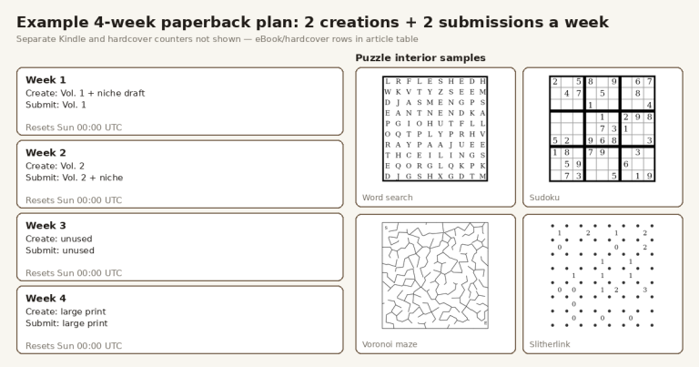 Example four-week paperback plan showing which weeks use the creation and submission slots, next to sample word search, sudoku, Voronoi maze and slitherlink puzzles